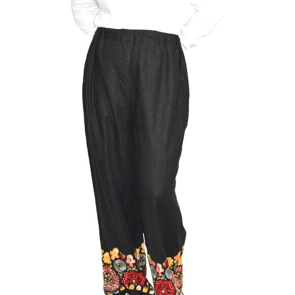 Black Linen Pant Embroidery Border Hem Floral Elastic High Waist Straight Medium - Picture 11 of 14